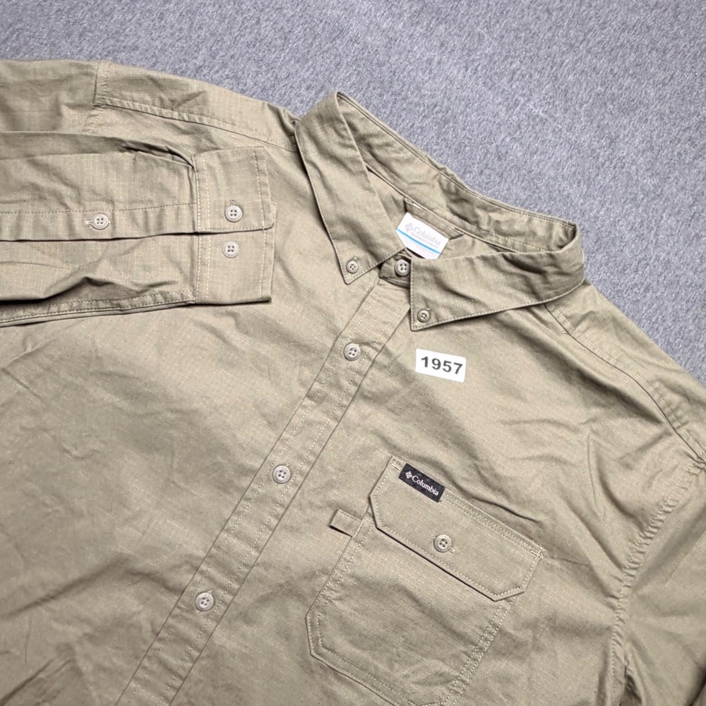 Columbia Mens XXL Long Sleeve Ripstop Button Down Utility Shirt Olive Green